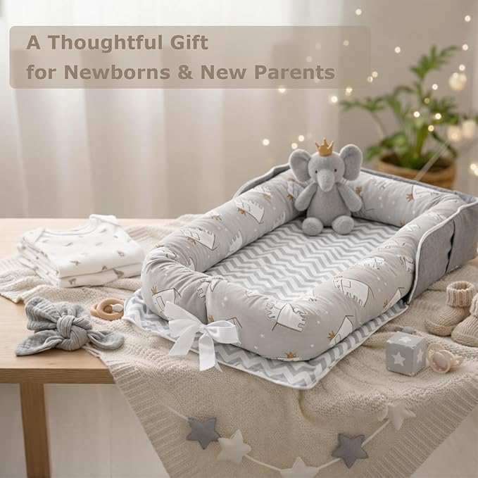 Baby Lounger for Newborns & Infants 0–24 Months, 100% Cotton Breathable Infant Support Cushion with Adjustable Size, Portable Baby Nest for Home and Travel, Baby Shower Gift (Elephant Grey)