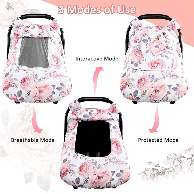 Baby Car Seat Cover and Blanket for Girls, Winter Car Seat Covers for Babies, Minky Blankets with Dotted Backing, Pink Floral