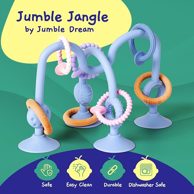 Jumble Jangle Baby Teething Toys – BPA-Free, Multi Purpose High Chair Toys & Sensory Toys for Kids with Autism: Suction Teething Relief with Sensory Toy Textures for Infants and Toddlers (Light Blue)