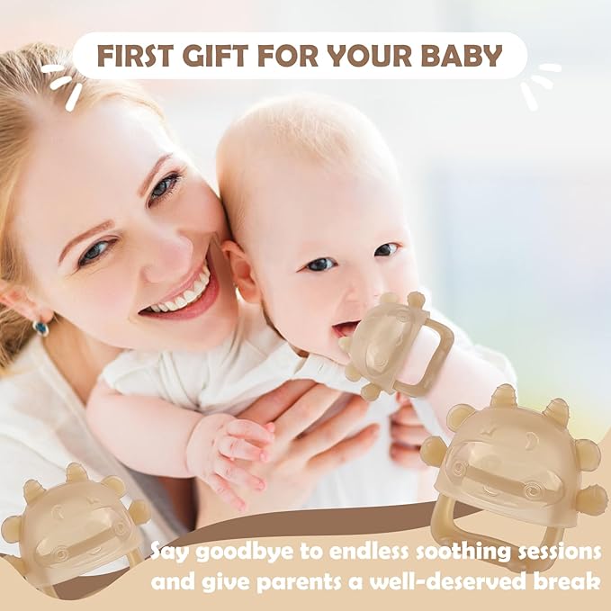 Anboor Baby Teething Toys, Silicone Teethers for Babies Anti Dropping Hand Teether, Infant Baby Chew Toys for Teething Relief, Ideal Present for Newborn Soon-to-be Mothers（Brown）