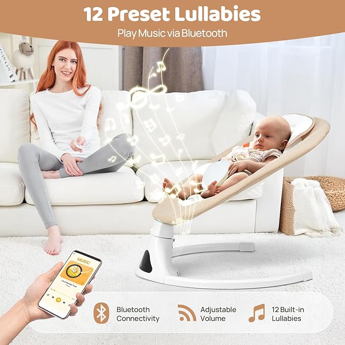 Baby Swing for Infants, Bluetooth Baby Swing with Remote Control, Portable Infant Swings with 5 Speed Motions, 12 Soothing Lullabies, Designed for Newborns (Max 20 lbs Beige)