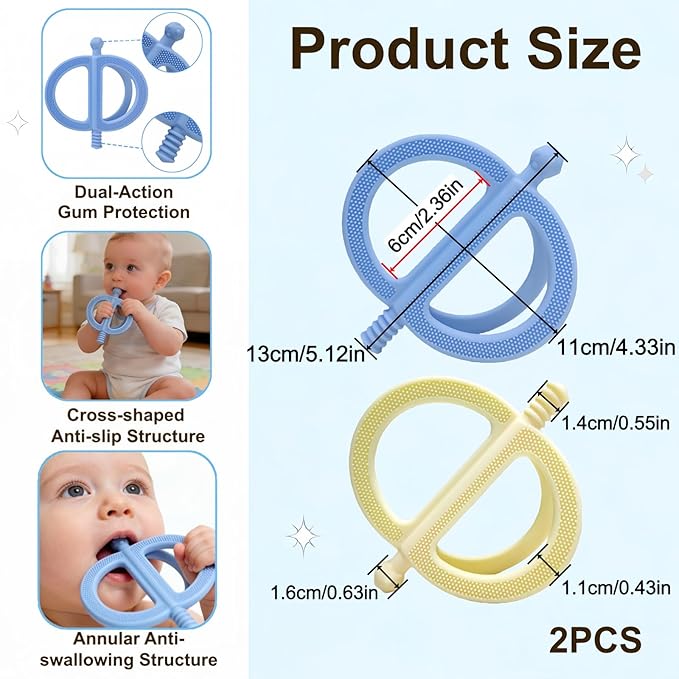 2-Pack Baby Teething Toys, Food Grade BPA-Free Silicone Baby Teether for 3-18 Months, Ring-Shaped Teething Toy for Babies, Multi-Textured Choke-Proof Easy Grip Teether for Infants (Blue&Yellow)