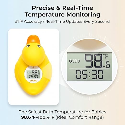 Baby Bath Thermometer with Smart Temperature Alert, Accurate Digital Water Thermometer, Adjustable High Temp Alert for Newborns, Floating Duck Toy with Timer, LED & Sound Alarm, BPA-Free, Waterproof