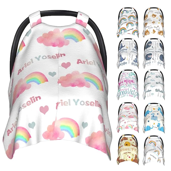 Personalized Baby Car Seat Cover Canopy with Name for Girls Boys Custom Pink Rainbow Baby Carrier Covers