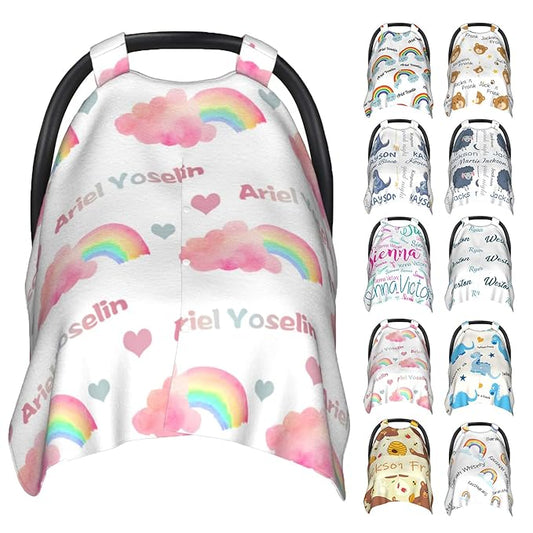 Personalized Baby Car Seat Cover Canopy with Name for Girls Boys Custom Pink Rainbow Baby Carrier Covers