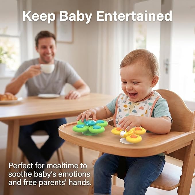 Baby Spinner Toys with Suction Cups | 2-in-1 Travel Sensory Toy for 12-36 Months | Quiet High Chair Toy for Toddlers 1-3 | Stay-On Spinner for Car Seat & Stroller Trays (Sturdy Safety Design)