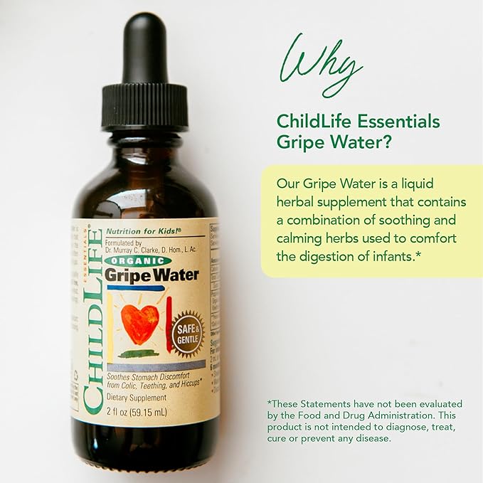 CHILDLIFE ESSENTIALS Organic Gripe Water for Babies - Gripe Water Newborn, Gas Drops for Newborns, Baby Drops for Gas & Colic Relief, Infant Gas Relief with Ginger, Fennel, Dill - 2 Fl Oz (Pack of 2)