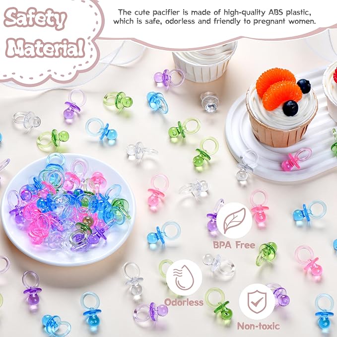50 Pcs Mini Pacifiers Baby Shower Games Boy Girl, 1.25'' Cute Baby Shower Pacifiers, Bulk Acrylic Pacifier for Party Table Scatter, Pacifier Hunt Game, Gender Reveal Decoration Party Favors(5 Color)