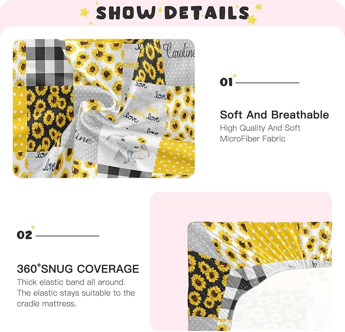 Personalized Pack and Play Sheets with Name, Custom Name Baby Mini Crib Sheets for Baby Boys Girls, Name Pack n Play, Fitted Sheet with Name, Soft and Breathable Material (Sunflower Elephant)