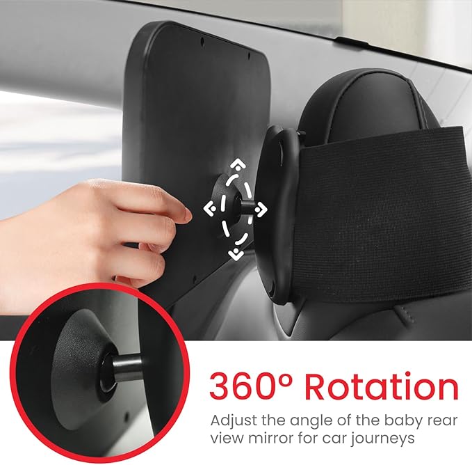 Fixed Headrest Baby Car Mirror, Compatible with Tesla Car Mirror for Baby, 100% Shatterproof & Shake-Proof, Non-Slip with 360° Rotation & Wide View, Easy Install, Perfect (Black)