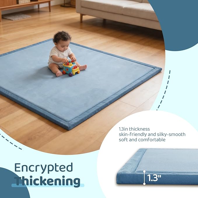 Baby Play Mat for Floor, 1.3 Inch Thick Memory Foam Tummy Time Mat with Non Slip Backing, Soft Coral Velvet 59X79 Inch Playpen Mat Crawling Tatami for Infants Toddlers Kids, Midnight Blue