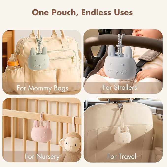 ROCCED Pacifier Holder Case Silicone Bunny Design Pacifiers Pouch with Soft Silicone Strap, Travel Storage for Stroller & Diaper Bag, Pacifier Holder Pouch for Baby, Set of 3 Beige Dusty Green Brown