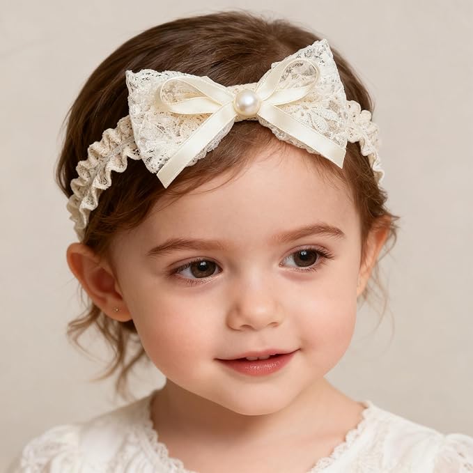 Handmade Baby Girl Headbands in Beige Baby Bows and Floral Lace Headband Bows for Newborns and Toddlers Cute Baby Girl Bows and Newborn Headband Bows