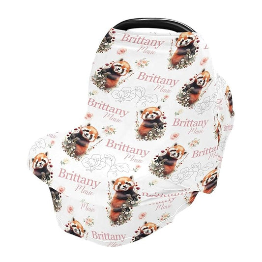 Personalized Baby Car Seat Cover for Girls, Custom Nursing Covers for Breastfeeding with Name, Red Panda Bear Infant Stroller Cover, Baby Carseat Canopy for Newborn, Multiuse Car Seat Canopies