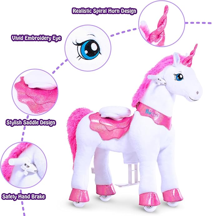 PonyCycle Unicorn Ride on Toys for Girls Horse Spirit Toys, Essential Model E Size 4 for Kids Age 4-8/35.4" Height, Birthday Gifts Plush Walking Animal Giddy up Riding Toys Ride on Pony Pink E412