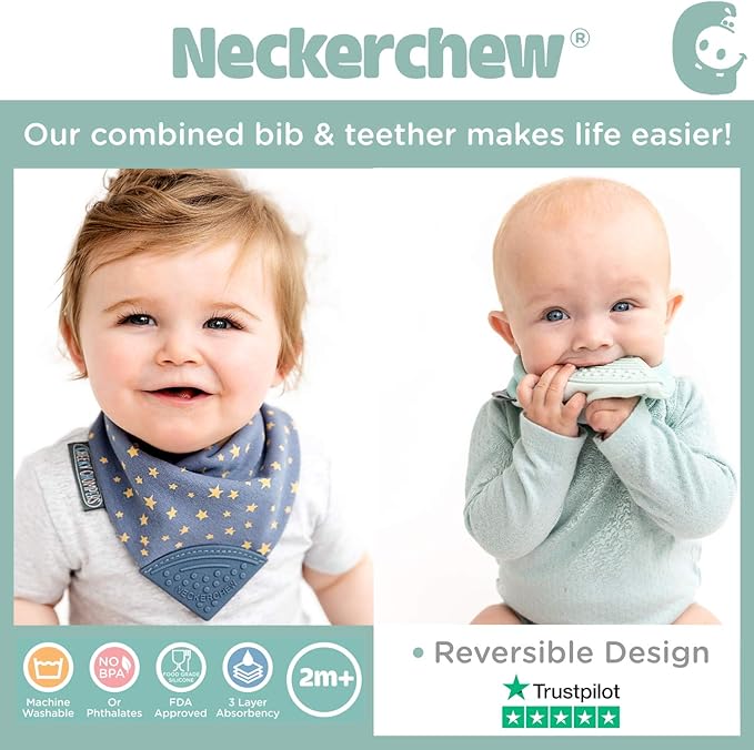 Cheeky Chompers Neckerchew Teething Bib, 2-in-1 Bandana Style Bib w/Food Grade Silicone Teether