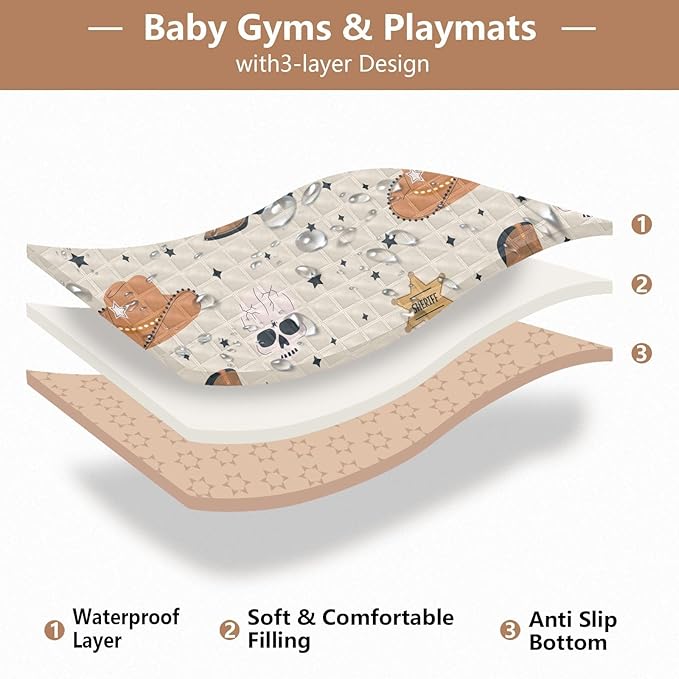 Baby Play Mat Cowboy Western Skull Hat Boots 50 x 50 Playpen Mat Baby Play Mats for Floor Play Gym Crawling Mat Non-Slip Cushioned Baby Playmat for Infants, Babies, Toddlers