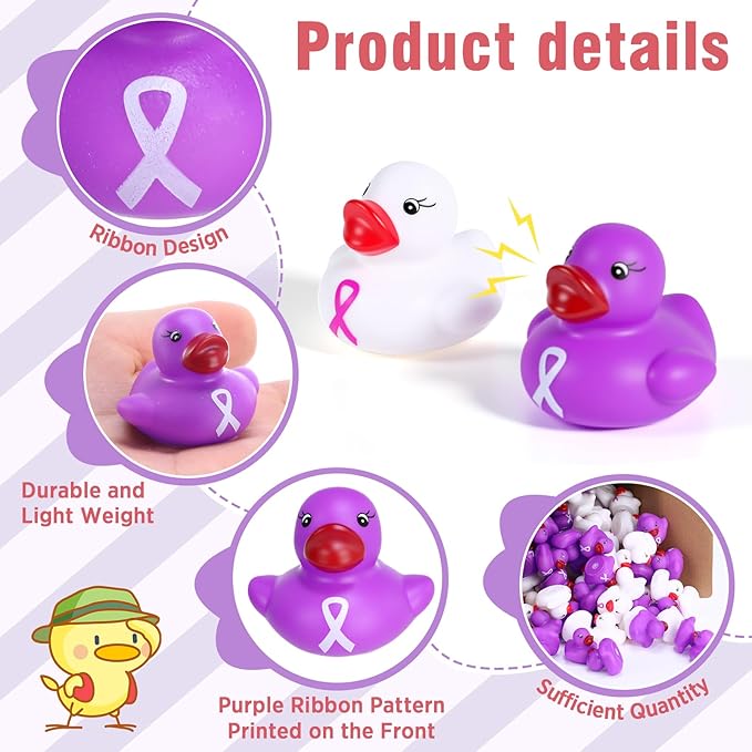 Lunmon 200 Pcs Purple and White Rubber Ducks Cervical Health Alzheimers Awareness Product Domestic Violence Awareness Ribbon Duck Float Mini Bath Toy Bulk Pancreatic Cancer for Charity Event Supplies