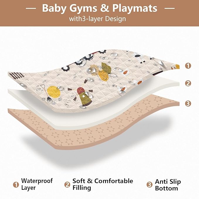 Baby Play Mat Cartoon Farm Cow Chicken Tractor 50 x 50 Playpen Mat Baby Play Mats for Floor Play Gym Crawling Mat Non-Slip Cushioned Baby Playmat for Infants, Babies, Toddlers
