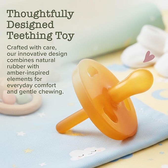Bambeado PaciBamber Baby Pacifier - Natural Pacifier & Baby Teething Toy - Made with Natural Rubber and Baltic Amber Elements - Soft on Gums, Easy to Clean - Baby Pacifiers for 6-12 Months, 2 Units