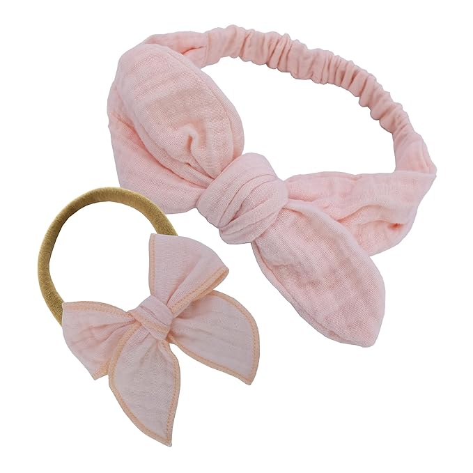 Sugarmelon Original Cotton Gauze Headband for Newborn Toddler Infant Baby Girl Kids Muslin Cotton Hair Bow Headbands Turban Elastic Hair Bands (2 pcs Light Pink)