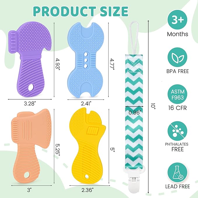 Baby Teething Toys, 4 Pack Silicone Baby Teether Toys with Pacifier Clips, Tool Shape for Babies 0-6 6-12 Months, Multi-Texture Gum Massage Teething Relief, Easy Grip for Newborn Infant Toddler