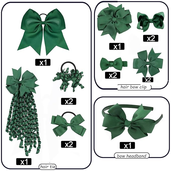 School Hair Accessories Set 14 Pcs Uniform Hair Bow Headband Clips Hair Ties Curly Korker Bows for Little Toddler School Girls (Dark Green)
