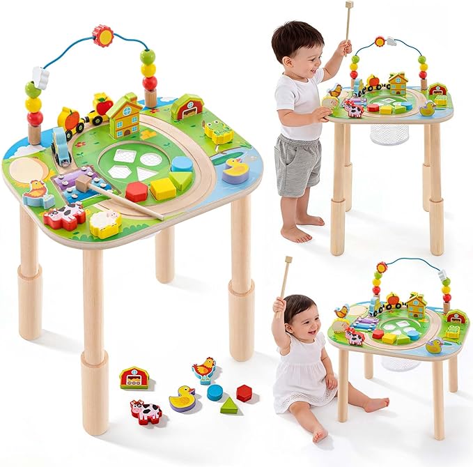 Activity Table for 1 Year Old with Two Height Levels,Wooden Sensory Play Table for Toddlers 1-3,8 in 1 Montessori Learning Toy with Bead Maze, Shape Sorter & Train,Gift for Baby Boys Girls (Farm)