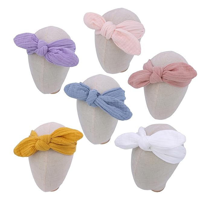 Sugarmelon Original Cotton Gauze Headband for Newborn Toddler Infant Baby Girl Kids Muslin Cotton Hair Bow Headbands Turban Elastic Hair Bands (6 pcs Knot Headband)
