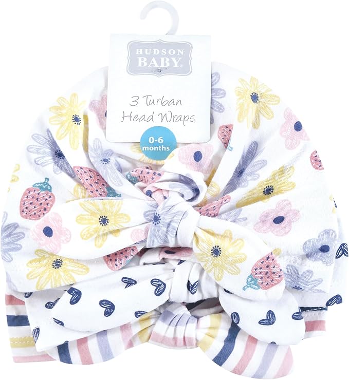 Hudson Baby Infant Girls Turban Cotton Headwraps, 0-24 Months