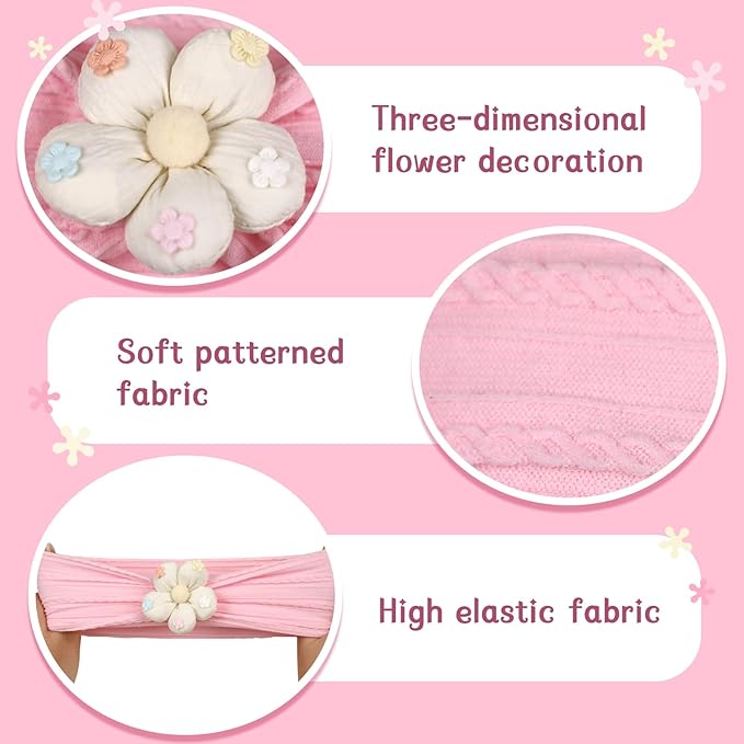 MIUXUESO 3 Piece Baby Girls Flower Headband, Florals Nylon Headband Soft Comfortable Elasticity Hairbands Baby Shower Newborn Essentials for Infant Toddlers (Yellow Pink White)