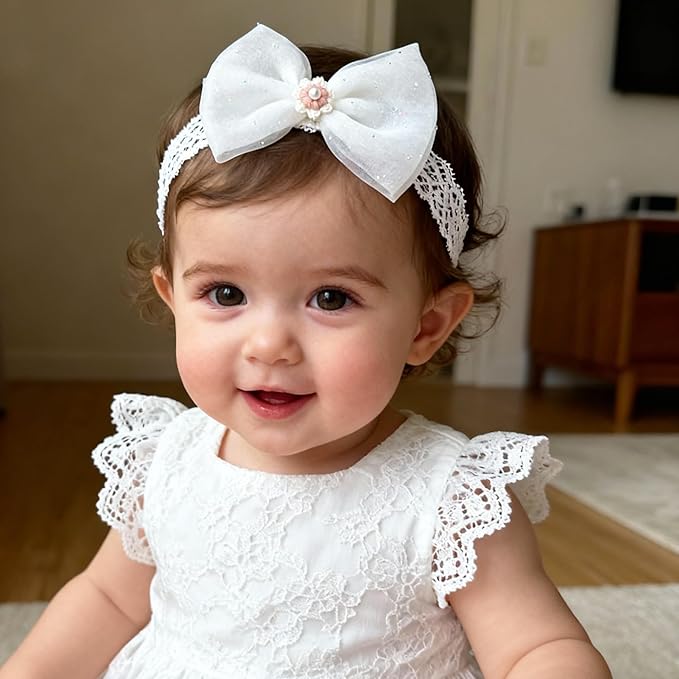 Baby Girls Headband White Bow Lace Headbands Soft Elastic Bowknot Hairbands Cute Hair Accessory for Newborn Kids Infant Toddler Baptism Birthday Party (Pink Flowers)