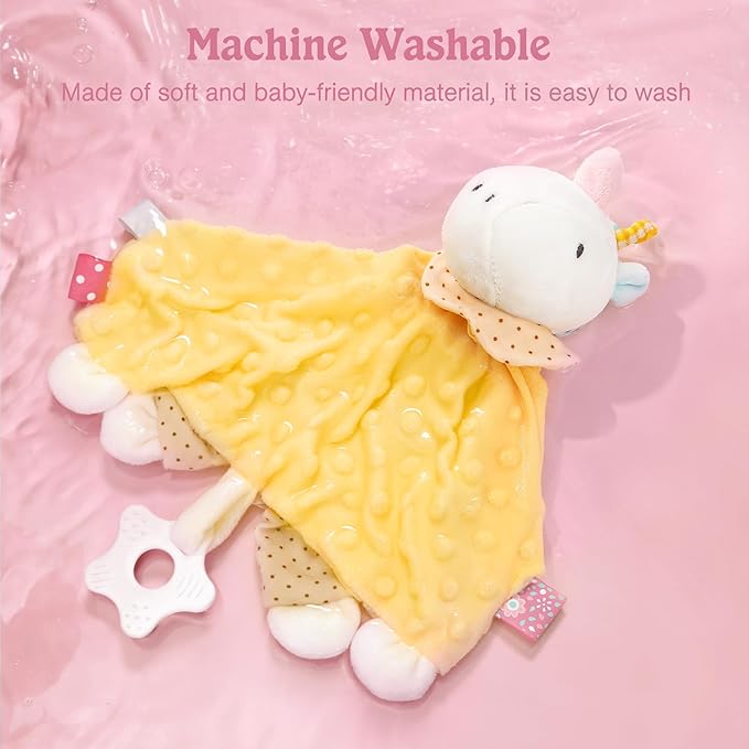 Zooawa Loveys for Babies, Security Blanket Soft Stuffed Animal Lovey Unisex Lovie Baby Stuff Snuggle Blanket with Tags Teether Bells, Soothing Plush Toys Baby Gift for Newborn, Yellow Unicorn