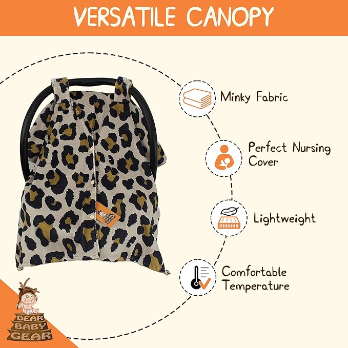 Dear Baby Gear Car Seat Cover for Boys & Girls - Baby Carseat Canopy w/Snap Opening - Infant Seat Cover - Stroller & Nursing Covers - Newborn Carrier Canopy - 40x30" (Gold Leopard Print, Smooth Gold)