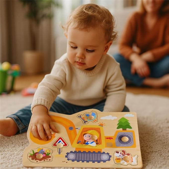 HABA Construction Site Gripping Puzzle - First Wooden Puzzle with Big Buttons - Recognize Excavator & Shovel - for Children from 12 Months - 2012171001