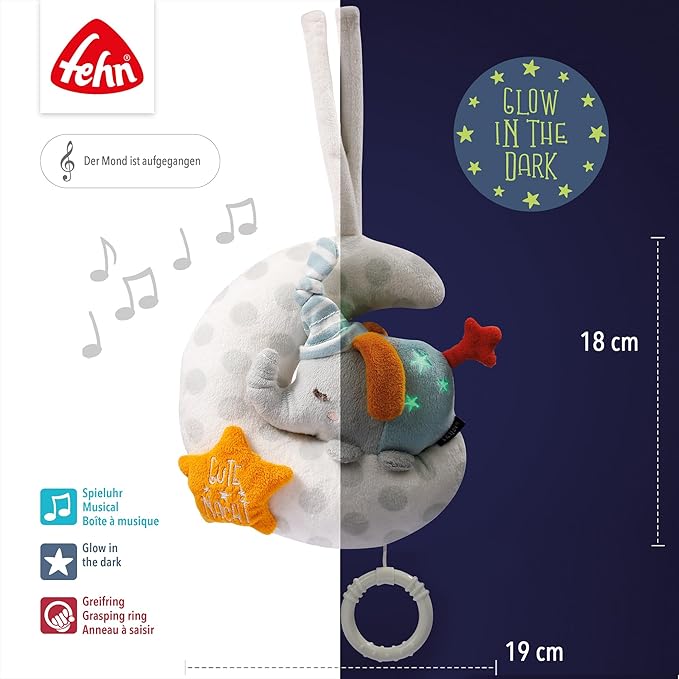 Fehn 053067 Musical Box Elephant in The Moon - Cuddly Toy & Sleep Aid with"Glow-in-The-Dark" Embroidery - Wind Up Music Box with Melody"The Moon is Up" - for Babies from Birth