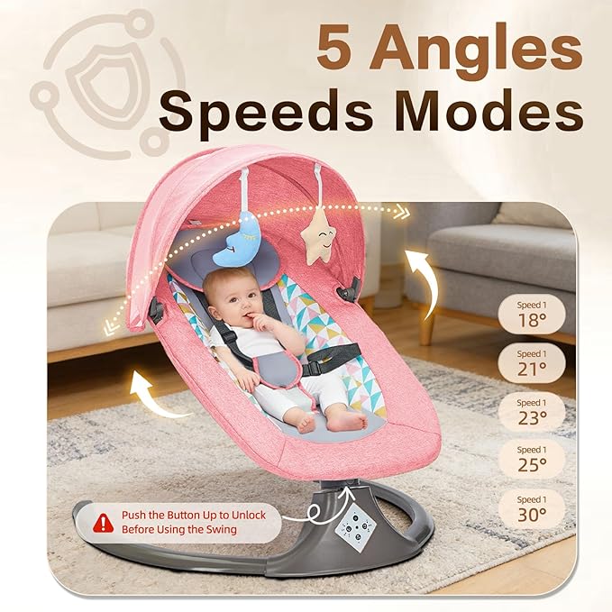 Electric Baby Swing for Infants,Multifunctional 3-in-1 Rocker,5-Speed Adjustable,Remote Control,10 Melodies,5-Point Harness,for Infants Up to 30 lbs, Up to 12 Months Easy Assembly (Pink)