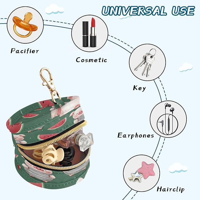 Pacifier Holder with Clip Pacifier Case for Diaper Bag Round Baby Pacifier Pouch Box Bag Portable Dark Green Pig and Watermelon
