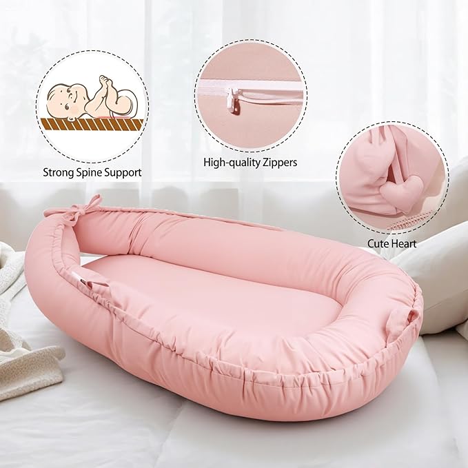 Baby Lounger - Infant Support Cushion for Newborn 0-24 Months, Soft Breathable Cotton Cover, Portable Mat for Trave, Supervised Use, Baby Essentials Gift for Infant Girl (Pink)
