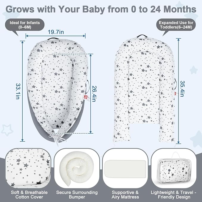 Baby Lounger for Newborn 0–24 Months, Portable Infant Seat with Ergonomic Support, Breathable Cotton Baby Chair for Tummy Time, Diaper Changes, and Travel Use (Stellar)