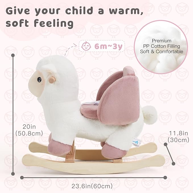 labebe - Baby Sheep Rocking Horse, Kids Plush Stuffed Rocking Animals, Ovis Aries Rocker with Seatbelt for 6 Months Babies, White Romney Rocking Horse for Toddler 1-3 Age Girl