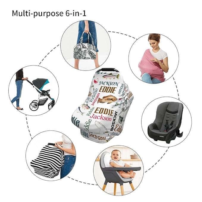Personalized Baby Car Seat Cover for Boys Girls, Custom Fishing Nursing Covers for Breastfeeding with Name, Infant Stroller Cover, Baby Carseat Canopy for Newborn, Multiuse Car Seat Canopies