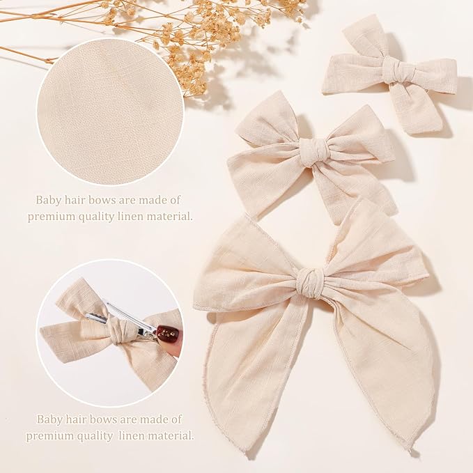 YHXX YLEN 5PCS Khaki Cotton Linen Hair Bows for Girls Handmade Alligator Clip Hair Accessories for Babies Infant Toddlers Kids(5inch×1, 4inch×2, 3.5inch×2)