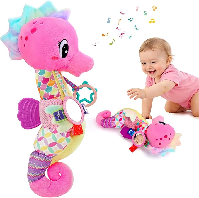 Baby Girl Toys 0-6 Months Musical Seahorse Stuffed Animal Tummy Time Toys Infant 3-6 6-12 Months with Baby Mirror Sensory Newborn Crinkle Developmental Toy Birthday Shower Gifts 0-3 4 5 6 Month