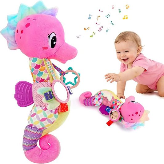 Baby Girl Toys 0-6 Months Musical Seahorse Stuffed Animal Tummy Time Toys Infant 3-6 6-12 Months with Baby Mirror Sensory Newborn Crinkle Developmental Toy Birthday Shower Gifts 0-3 4 5 6 Month