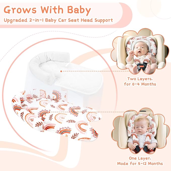 Baby Car Seat Head Body Support & Strap Covers, 2 in 1 Infant Car Seat Insert, Reversible Soft Breathable Newborn Cushion Pads for Preemie, Perfect for Baby Carseats, Strollers, Swings (Rainbow)