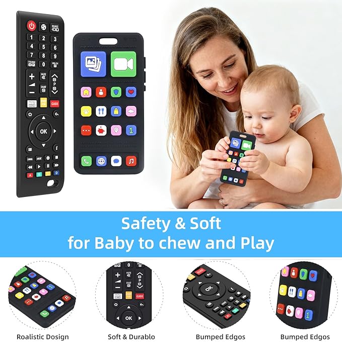 Baby Silicone Teething Toys for Babies 0-6 Months,Phone and Remote Teether Toys for Toddlers 6-12 Months,2 Pack Teether Toys Sensory Toys for Babies,Baby Chew Toys for 6-12-18 Months