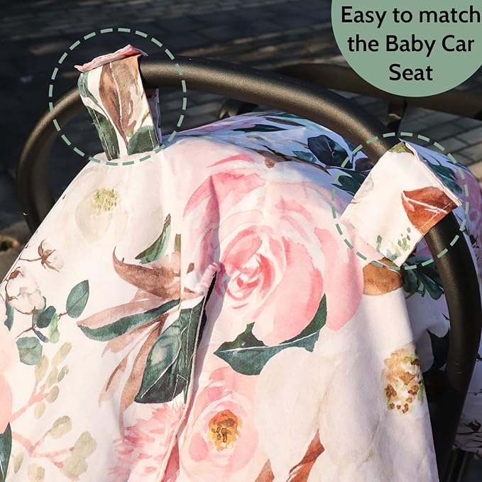 DILIMI Car Seat Covers for Babies, Peekaboo Opening Infant Car Seat Canopy for Baby Boys Girls, 2 in 1 Mom Nursing Breastfeeding Covers, Minky Warm Carseat Canopy for Newborn, Pink Flower