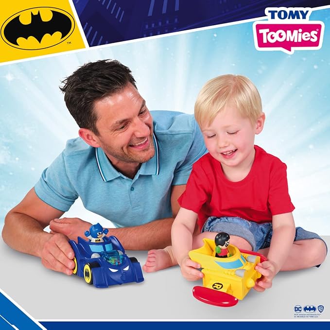 Toomies DC Comics Batman E73262 3 in 1 Vehicle Transforms into Mini Batmobile and Jet, Engine Popping Effect, Flywheel Drive Push Along, from 12 Months
