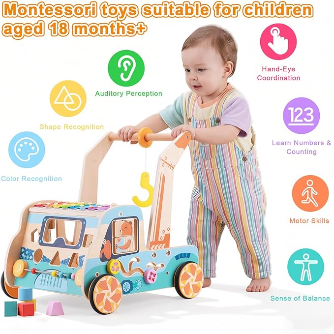 Wooden Baby Walker with Activity Center – Montessori Push Toy for Boys & Girls | Sit-to-Stand Walker for 10-12 Months & Toddlers 1-3 Years, Learning to Walk Gift